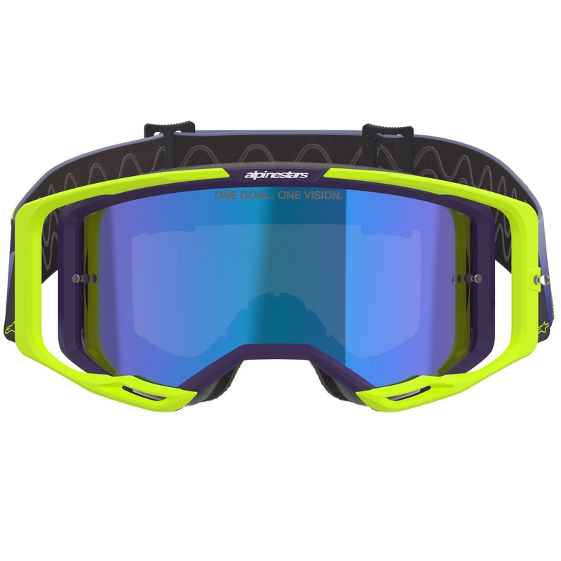 Alpinestars Vision 8 Corp fluo geltonai violetiniai motokroso akiniai su veidrodiniais mėlynais lęšiais