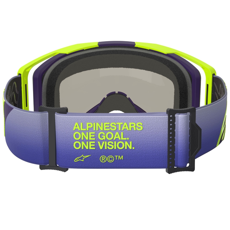 Alpinestars Vision 8 Corp fluo geltonai violetiniai motokroso akiniai su veidrodiniais mėlynais lęšiais
