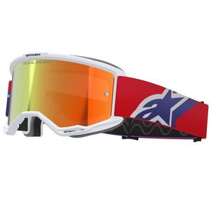 Alpinestars Vision 5 Corp motokroso akiniai baltai-mėlynai-raudoni su veidrodiniais raudonais lęšiais