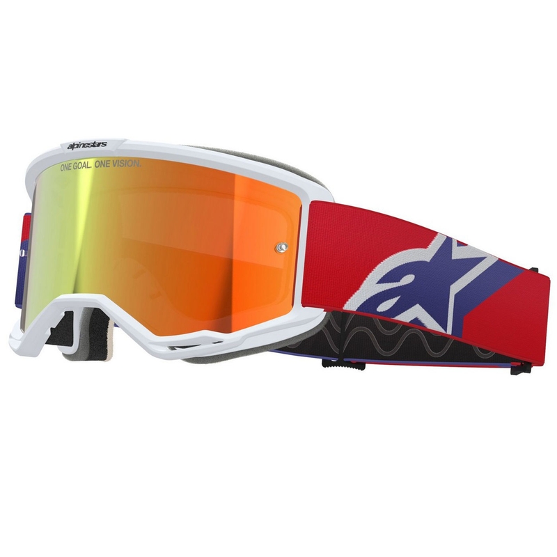 Alpinestars Vision 5 Corp motokroso akiniai baltai-mėlynai-raudoni su veidrodiniais raudonais lęšiais
