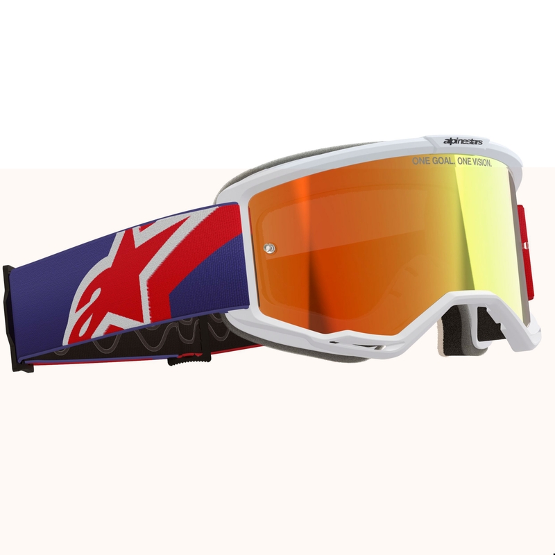 Alpinestars Vision 5 Corp motokroso akiniai baltai-mėlynai-raudoni su veidrodiniais raudonais lęšiais