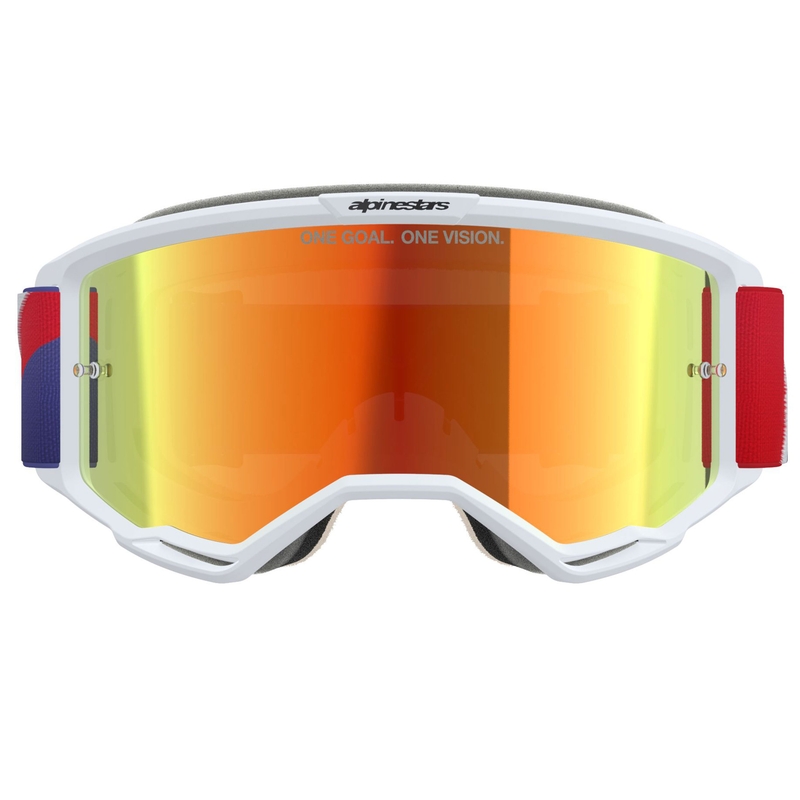 Alpinestars Vision 5 Corp motokroso akiniai baltai-mėlynai-raudoni su veidrodiniais raudonais lęšiais