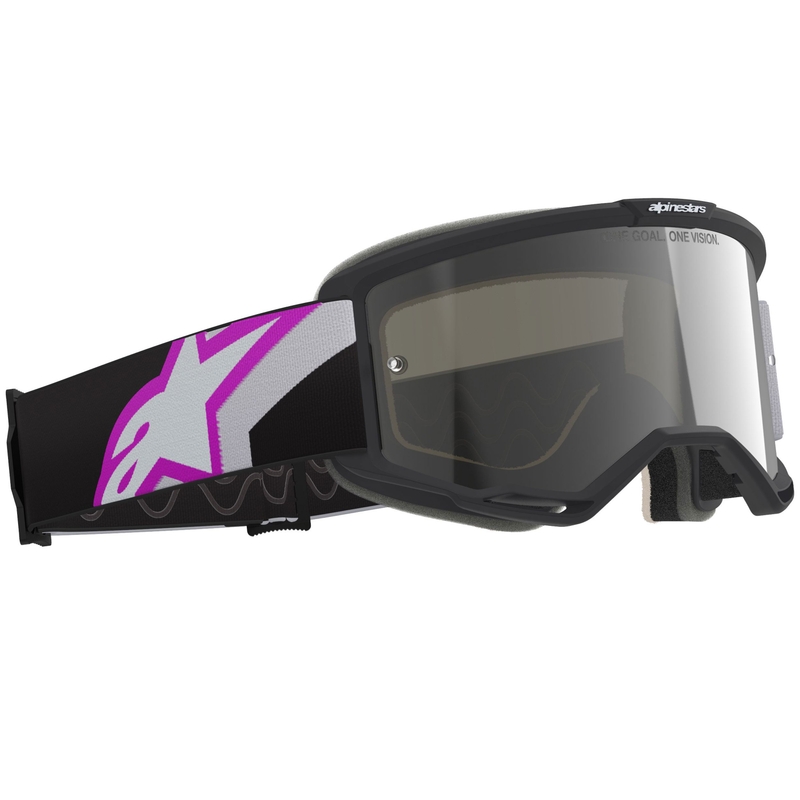 Alpinestars Vision 5 Corp Motokroso akiniai juoda-pilka-violetinė-balta su veidrodiniais sidabriniais lęšiais