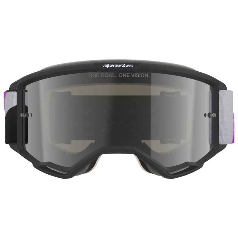 Alpinestars Vision 5 Corp Motokroso akiniai juoda-pilka-violetinė-balta su veidrodiniais sidabriniais lęšiais