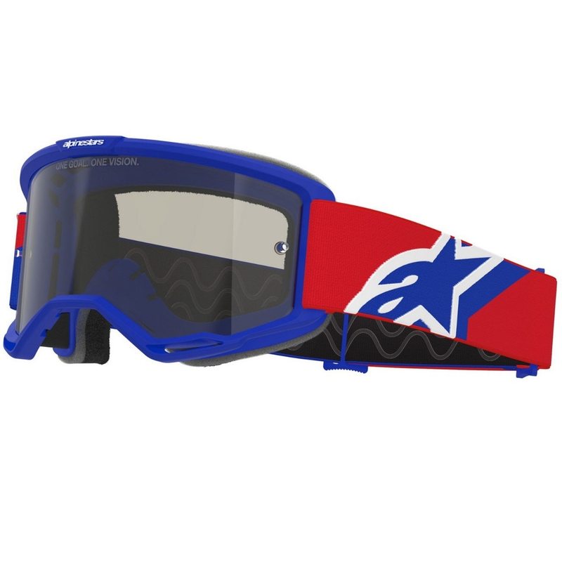 Alpinestars Vision Sand motokroso akiniai mėlyni-raudoni-balti su tamsiai dūminiais lęšiais
