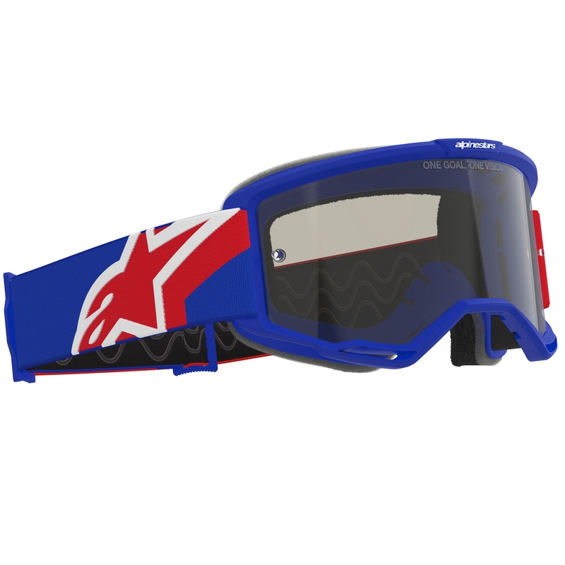 Alpinestars Vision Sand motokroso akiniai mėlyni-raudoni-balti su tamsiai dūminiais lęšiais