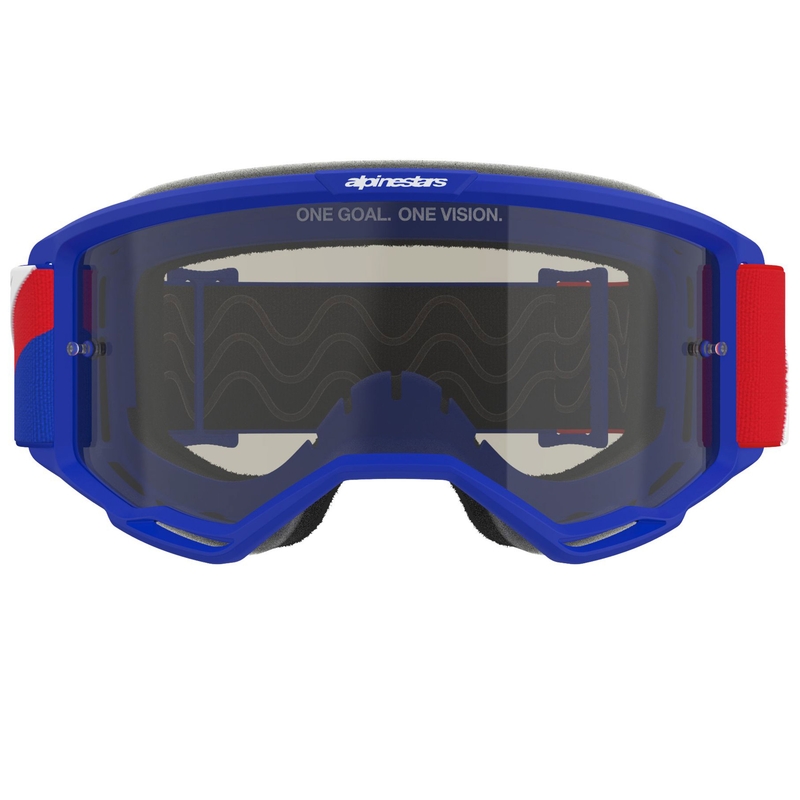 Alpinestars Vision Sand motokroso akiniai mėlyni-raudoni-balti su tamsiai dūminiais lęšiais