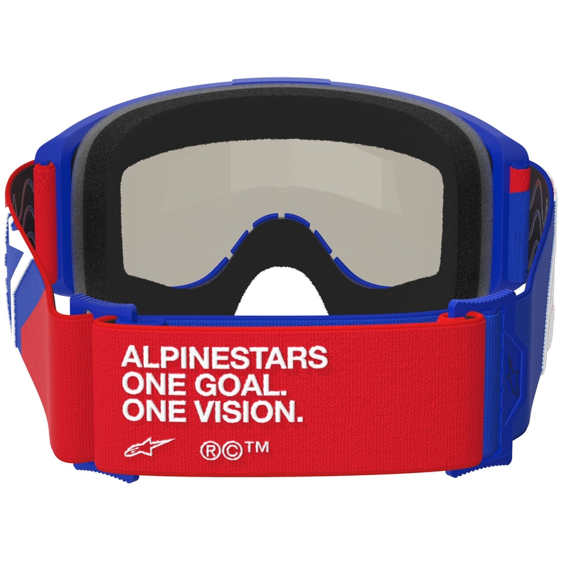 Alpinestars Vision Sand motokroso akiniai mėlyni-raudoni-balti su tamsiai dūminiais lęšiais