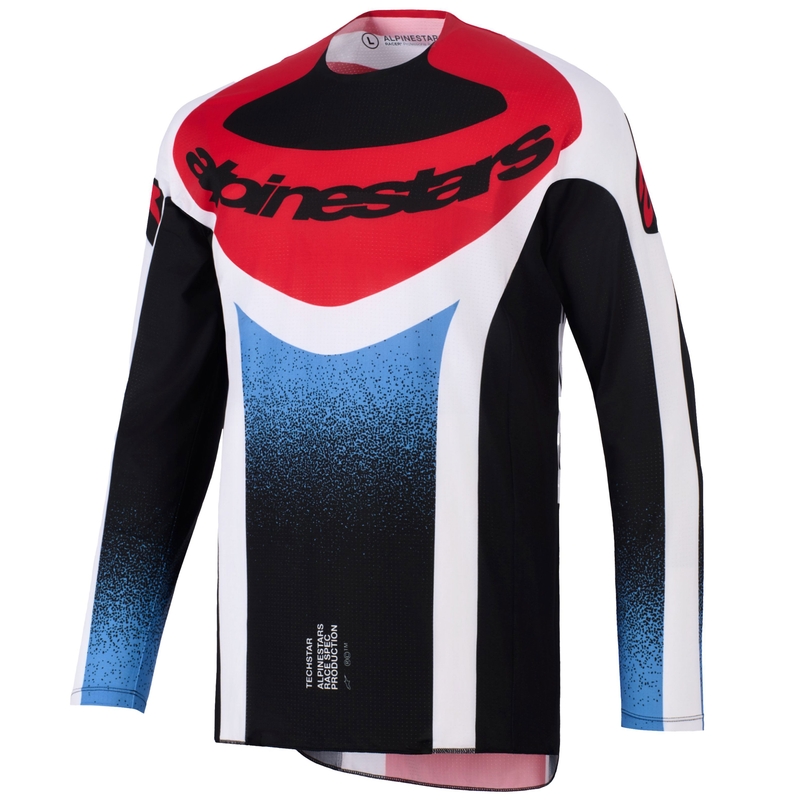 Alpinestars Techstar Knif motokroso marškinėliai juoda-balta-mėlyna-raudona