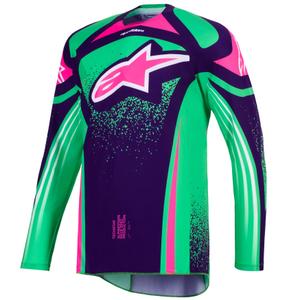 Alpinestars Techstar Nomur motokroso marškinėliai tamsiai violetinės-žalios-fluo rožinės spalvos