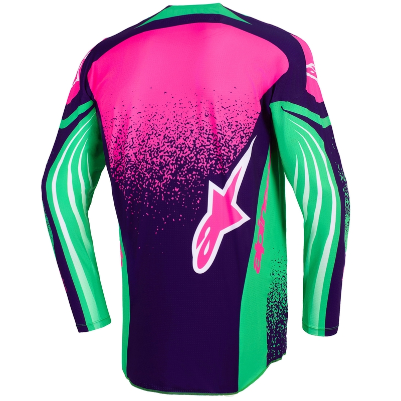 Alpinestars Techstar Nomur motokroso marškinėliai tamsiai violetinės-žalios-fluo rožinės spalvos