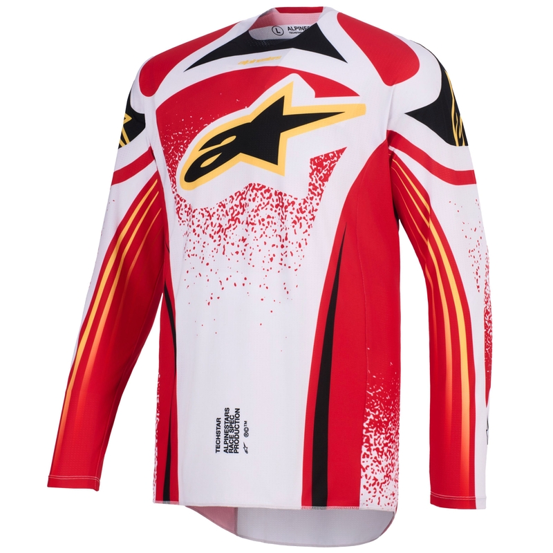 Alpinestars Techstar Nomur šviesiai pilkai raudonai juodai geltoni motokroso marškinėliai