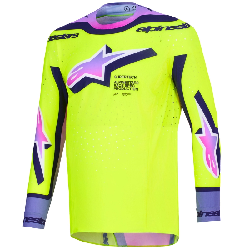 Alpinestars Supertech Vista fluo geltonai-violetinės-juodos spalvos motokroso marškinėliai