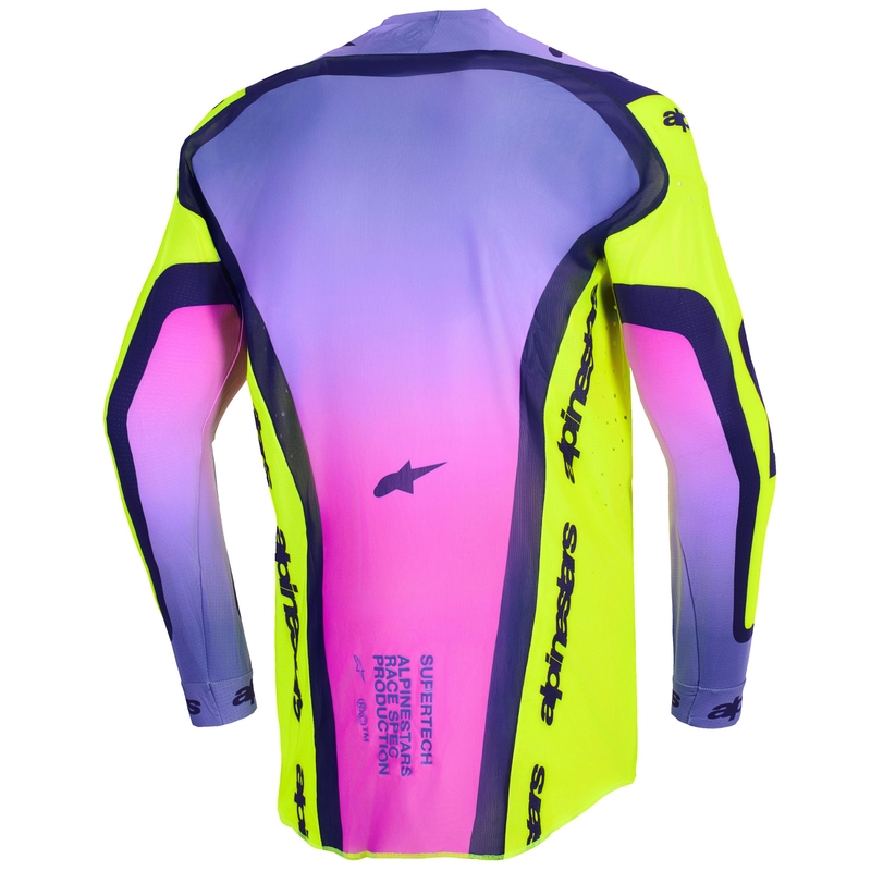 Alpinestars Supertech Vista fluo geltonai-violetinės-juodos spalvos motokroso marškinėliai