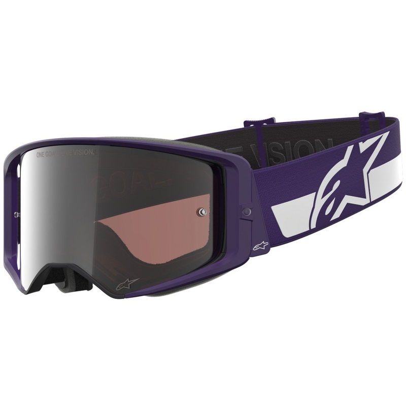 Alpinestars Supertech Vision Hunta96 XXV motokroso akiniai violetinės ir baltos spalvos su veidrodiniu sidabriniu stiklu
