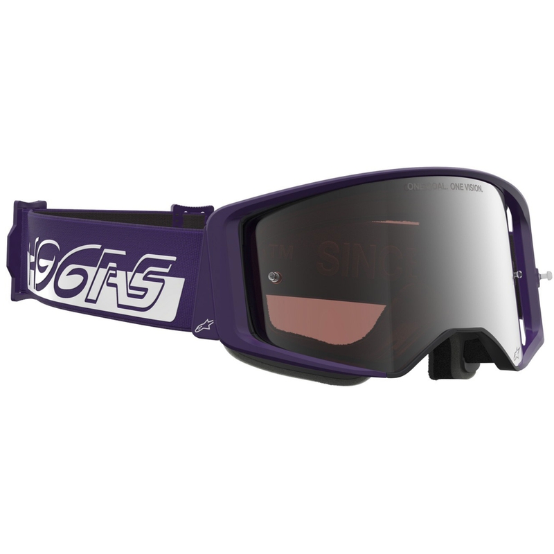 Alpinestars Supertech Vision Hunta96 XXV motokroso akiniai violetinės ir baltos spalvos su veidrodiniu sidabriniu stiklu