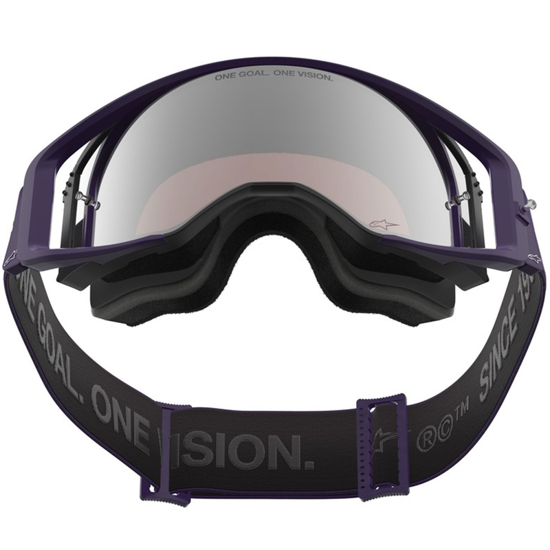 Alpinestars Supertech Vision Hunta96 XXV motokroso akiniai violetinės ir baltos spalvos su veidrodiniu sidabriniu stiklu