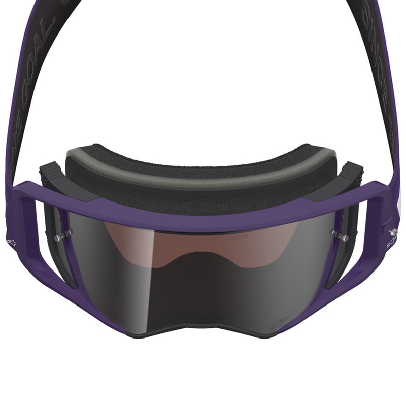 Alpinestars Supertech Vision Hunta96 XXV motokroso akiniai violetinės ir baltos spalvos su veidrodiniu sidabriniu stiklu