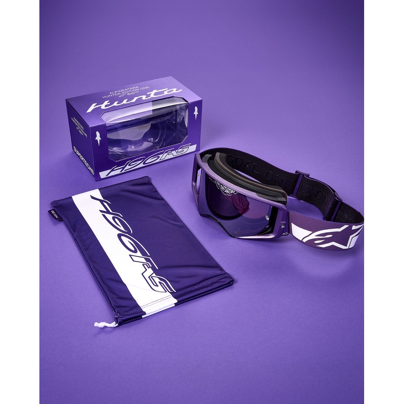 Alpinestars Supertech Vision Hunta96 XXV motokroso akiniai violetinės ir baltos spalvos su veidrodiniu sidabriniu stiklu