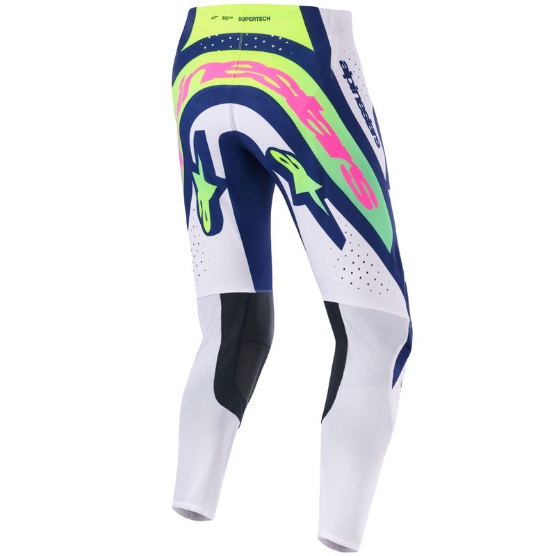 Alpinestars Supertech Vista Motokroso kelnės šviesiai pilkos, mėlynai geltonos, žalios, mėlynos ir rožinės spalvos