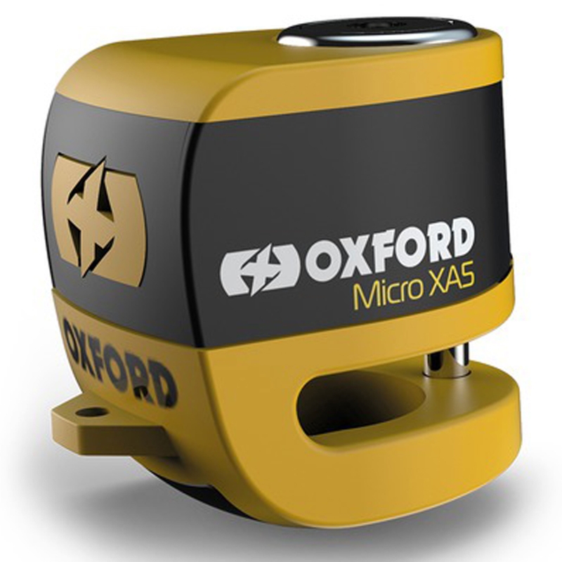 "Oxford Micro XA5" diskinių stabdžių užraktas su integruota signalizacija geltonai juodas