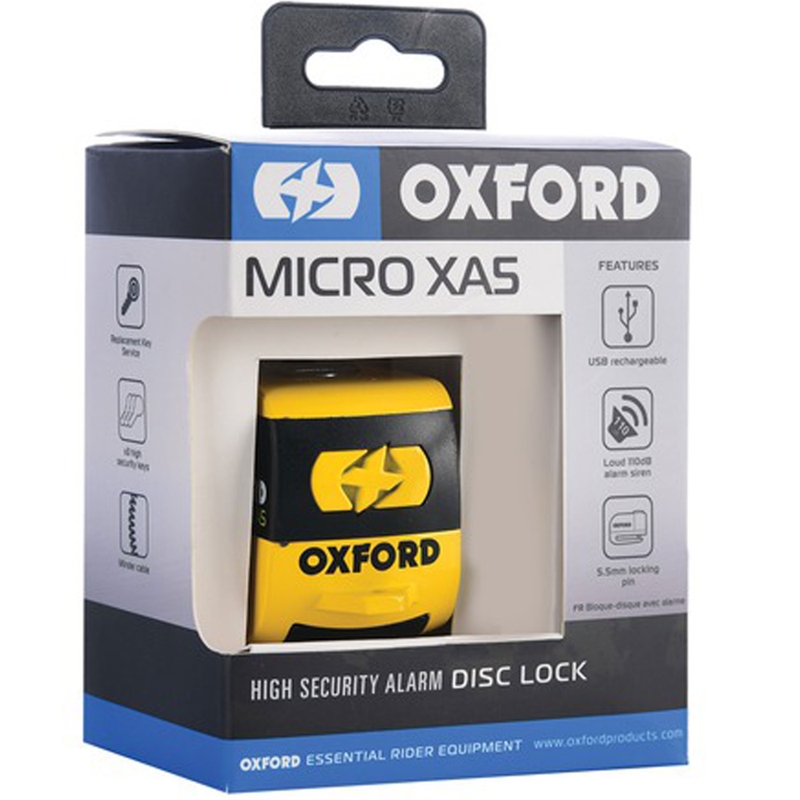 "Oxford Micro XA5" diskinių stabdžių užraktas su integruota signalizacija geltonai juodas