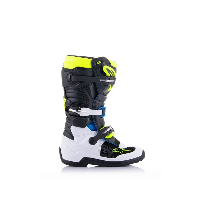 Alpinestars Tech 7 S juodi, balti, geltoni ir mėlyni motociklininko batai vaikams