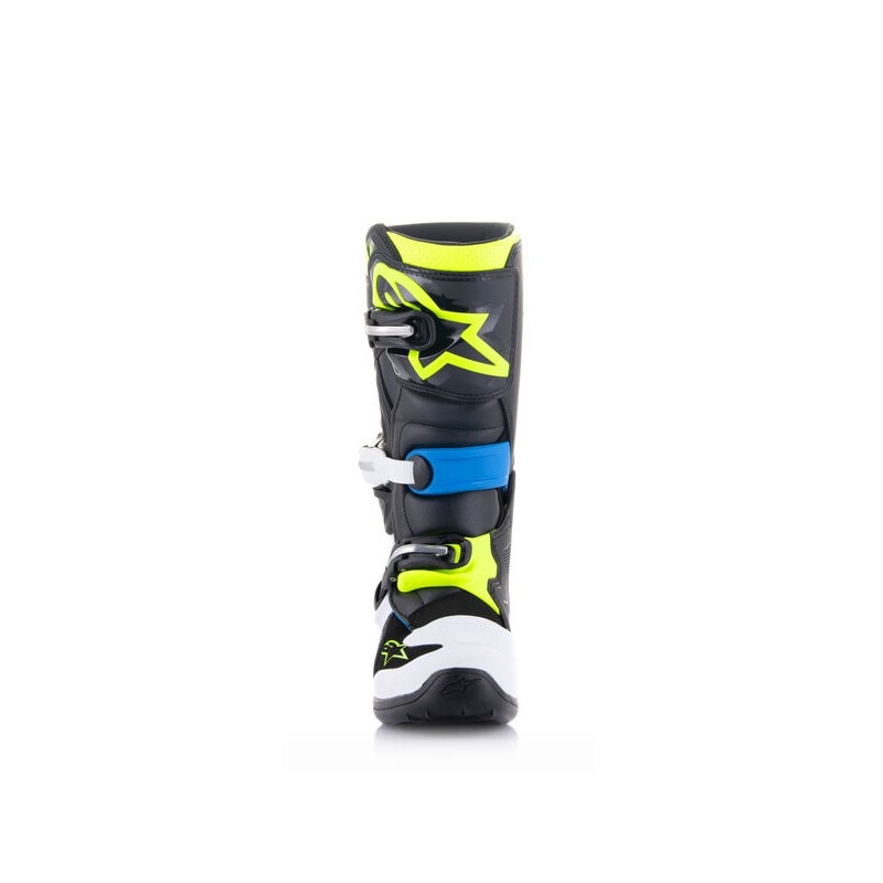 Alpinestars Tech 7 S juodi, balti, geltoni ir mėlyni motociklininko batai vaikams