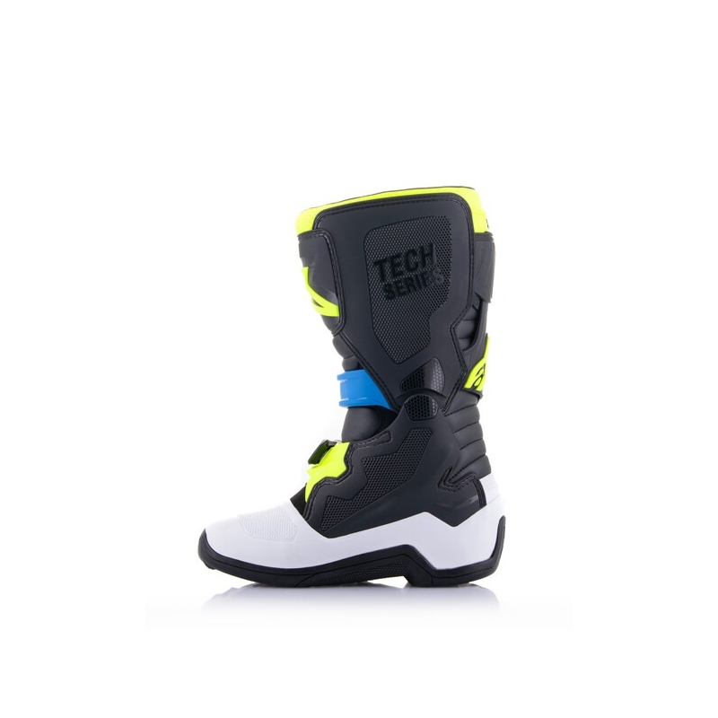 Alpinestars Tech 7 S juodi, balti, geltoni ir mėlyni motociklininko batai vaikams