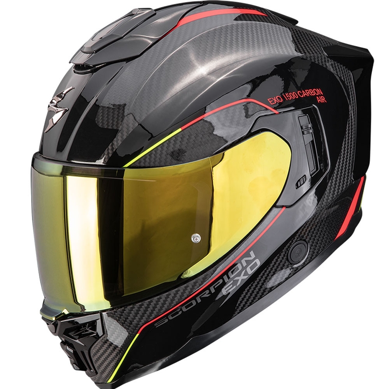 Scorpion EXO-1500 Carbon Air Mundi motociklo šalmas, juodas-raudonas-geltonas