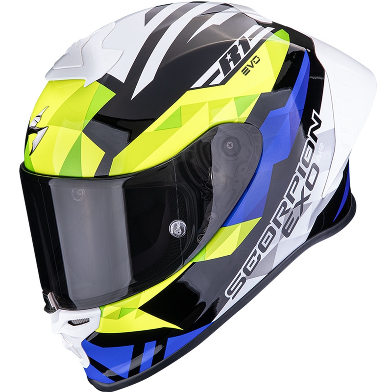 Integruotas motociklininko šalmas Scorpion EXO-R1 EVO II Air Valere juoda-mėlyna-fluo geltona