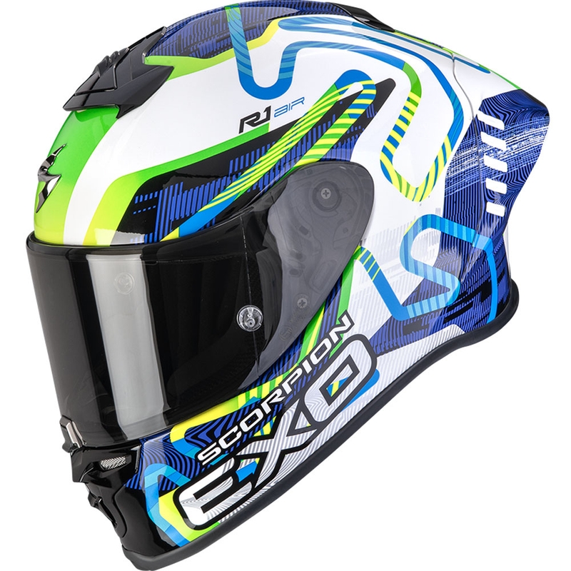 Integruotas motociklininko šalmas Scorpion EXO-R1 EVO II Air Cornering baltai-mėlynai-žalias