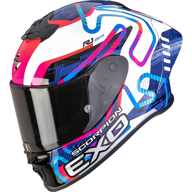 Integruotas motociklininko šalmas Scorpion EXO-R1 EVO II Air Cornering baltai-mėlynai-rožinis
