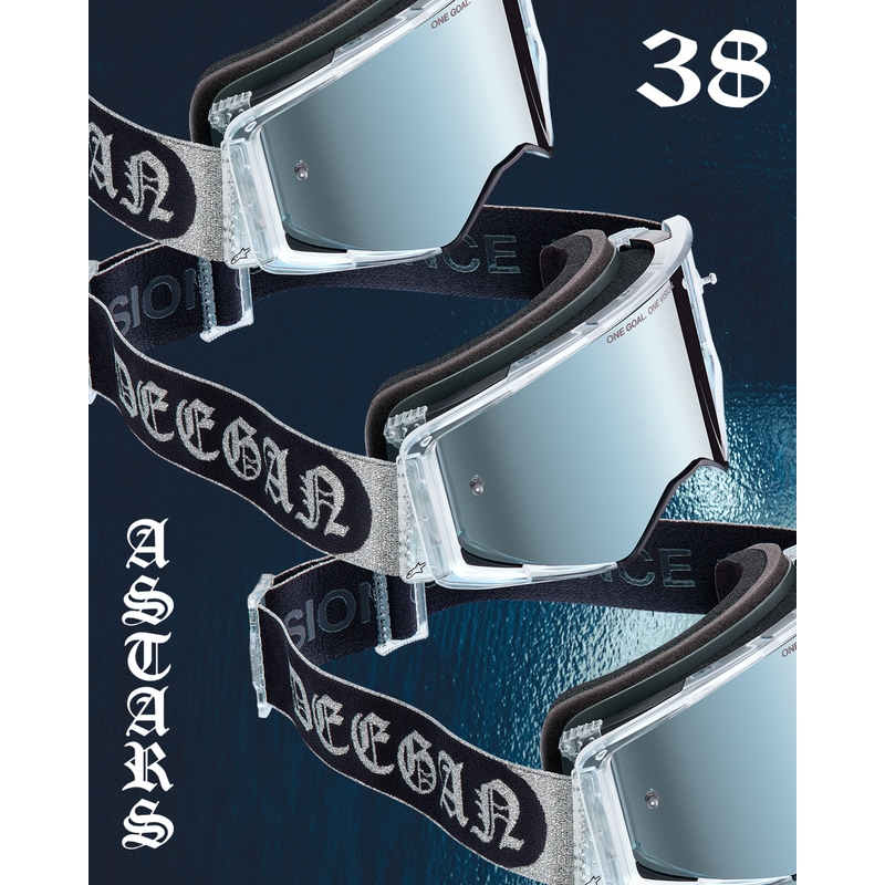 Alpinestars Supertech Vision DNGR38 XXV juodos ir sidabrinės spalvos motokroso akiniai su sidabriniais veidrodiniais stiklais