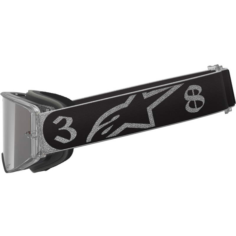 Alpinestars Supertech Vision DNGR38 XXV juodos ir sidabrinės spalvos motokroso akiniai su sidabriniais veidrodiniais stiklais