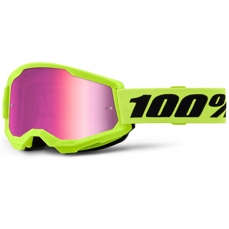 Vaikiški motokroso akiniai 100% STRATA 2 fluo geltonos spalvos su rausvu stiklu