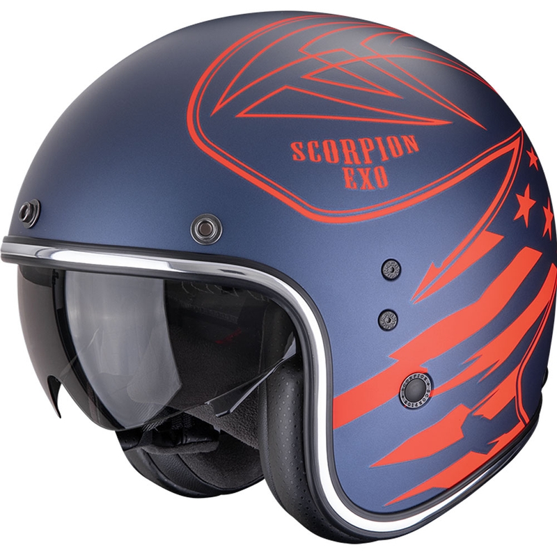 Atviras motociklininko šalmas Scorpion Belfast Dawg matinis mėlynai raudonas