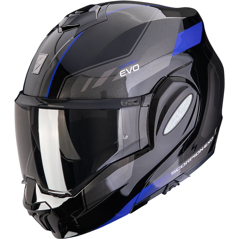 Sulankstomas motociklininko šalmas Scorpion EXO-TECH EVO Socius juodai mėlynas