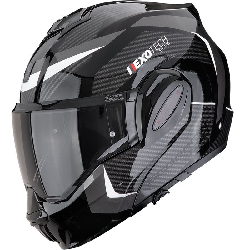 Sulankstomas motociklininko šalmas Scorpion EXO-TECH EVO PRO Accuti juodas-sidabrinis