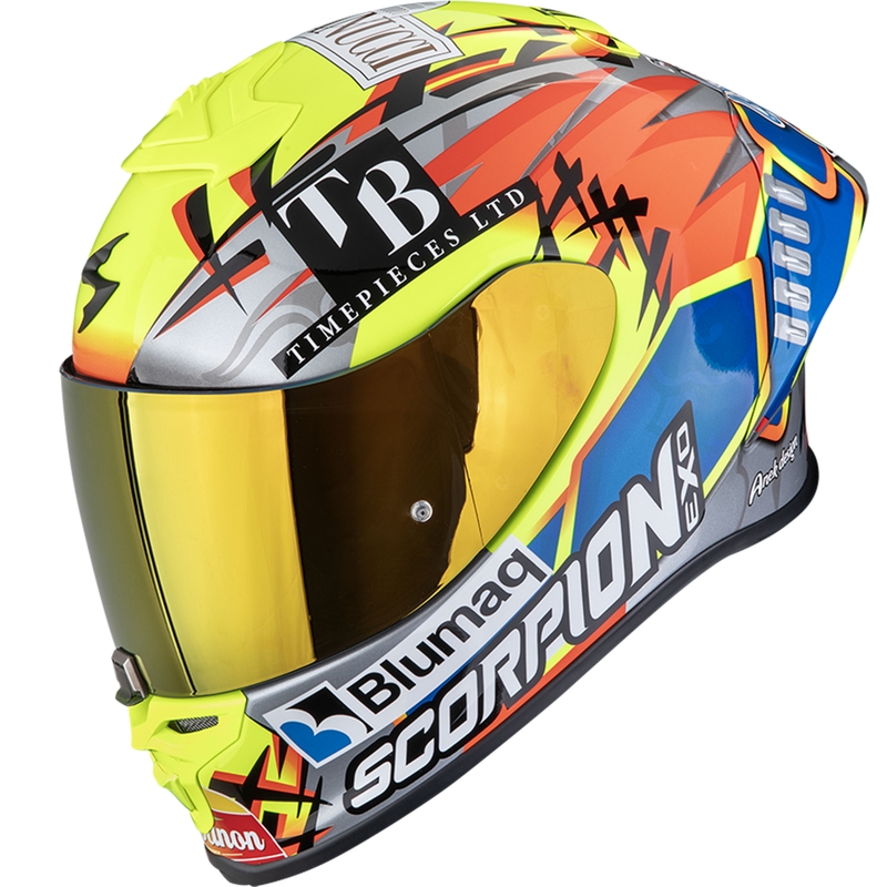 Integruotas motociklininko šalmas Scorpion EXO-R1 EVO II Air Aron Misano sidabrinis-fluo geltonai mėlynas