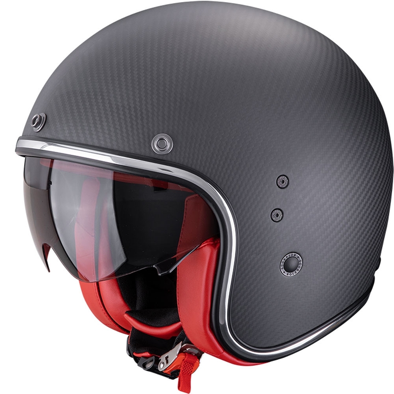 Atviras motociklininko šalmas Scorpion Belfast EVO Carbon Solid Matte Black-Red