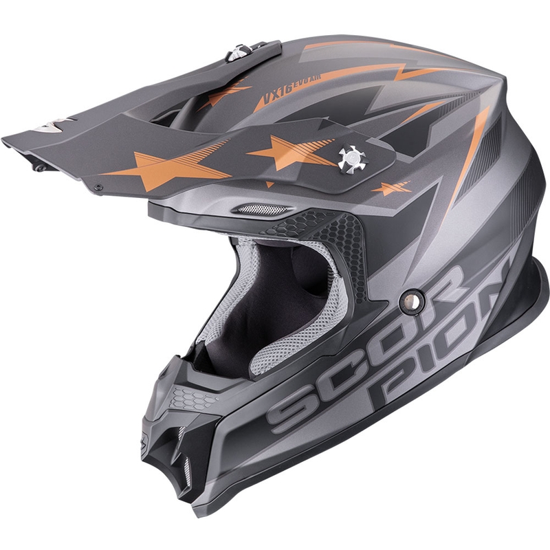 Motokroso šalmas Scorpion VX-16 EVO Air Patriot sidabrinis-juodas-varinis