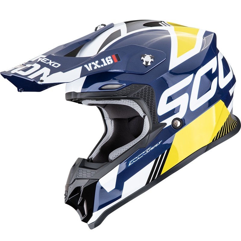 Motokroso šalmas Scorpion VX-16 EVO Air Analog balta-mėlyna-geltona