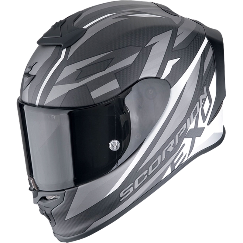 Integruotas motociklininko šalmas Scorpion EXO-R1 EVO CARBON AIR RUNNER matinės juodos ir baltos spalvos
