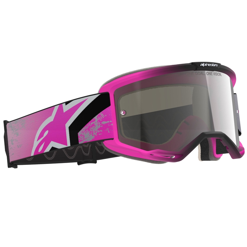 Alpinestars Vision 5 Lahnd fluo rožinės-pilkos-juodos-baltos spalvos motokroso akiniai su veidrodiniais sidabriniais lęšiais