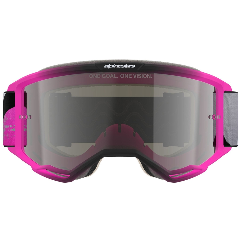 Alpinestars Vision 5 Lahnd fluo rožinės-pilkos-juodos-baltos spalvos motokroso akiniai su veidrodiniais sidabriniais lęšiais