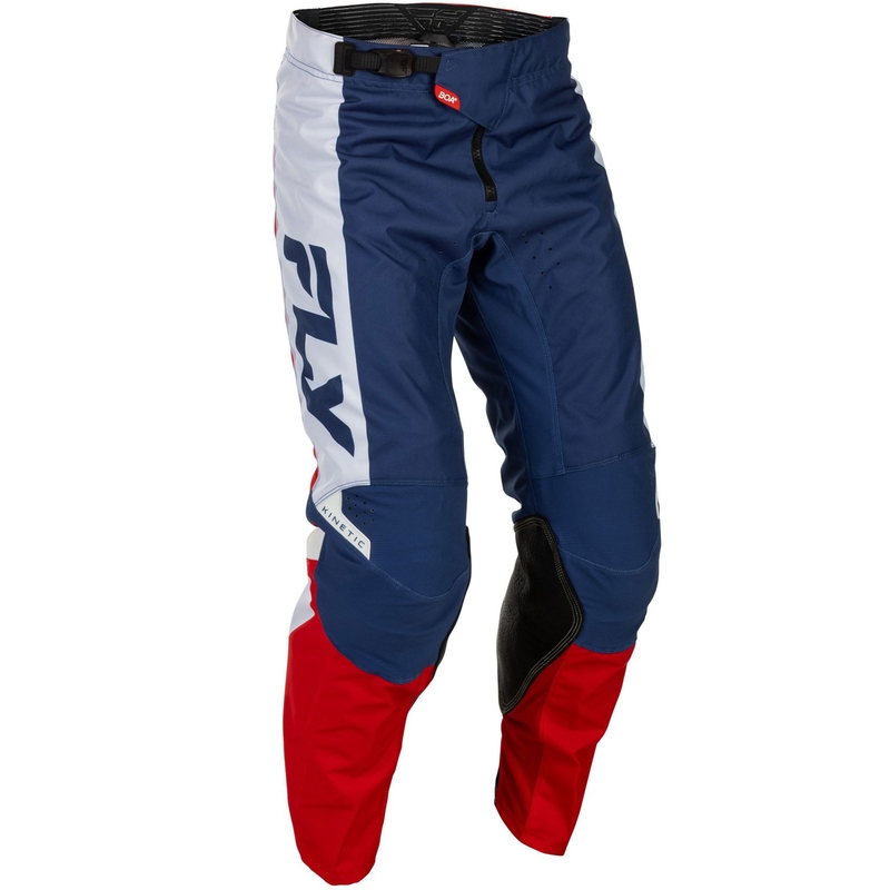 Motokroso kelnės FLY Racing - JAV Kinetic raudona, balta ir mėlyna