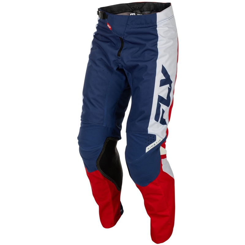 Motokroso kelnės FLY Racing - JAV Kinetic raudona, balta ir mėlyna