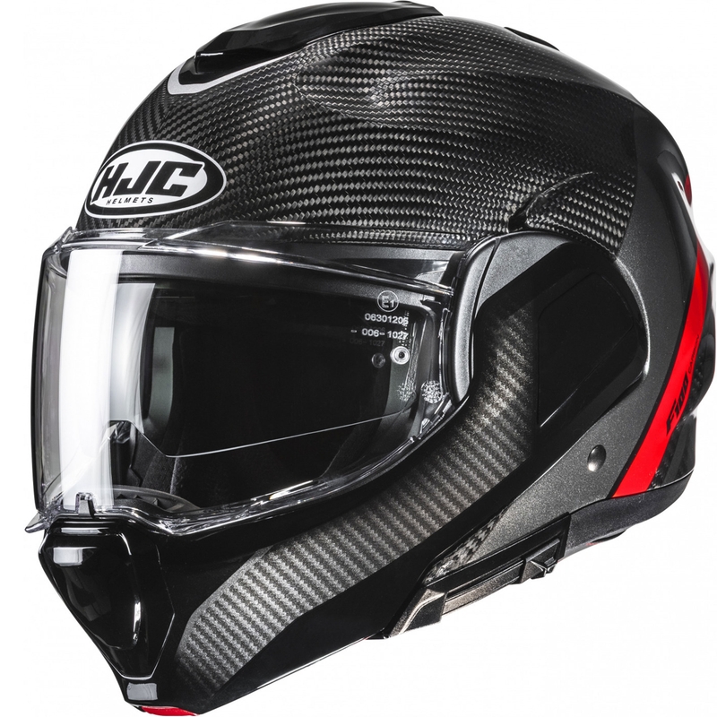 HJC F100 Carbon Stan MC1 juodos ir raudonos spalvos apverčiamas motociklininko šalmas