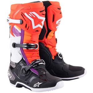 Alpinestars Tech 10 oranžiniai-geltoni-violetiniai-balti-juodi motociklininko batai